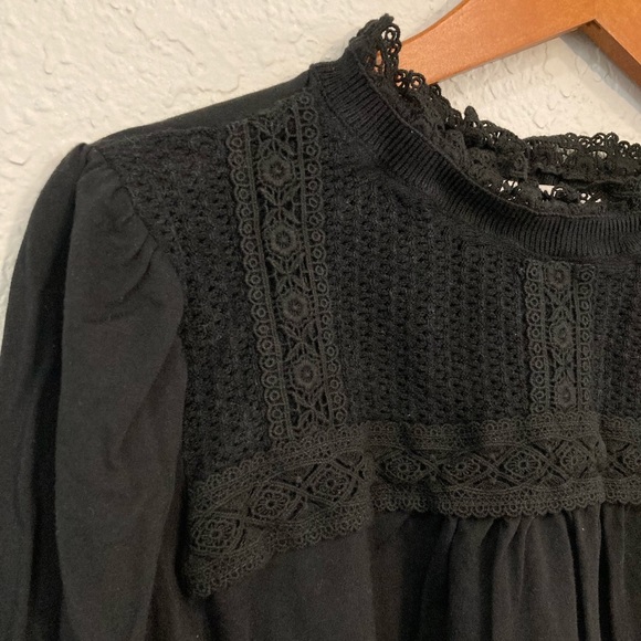 LOFT Tops - LOFT Black Crochet-Detail High Neck long sleeve top with pleated sleeves
